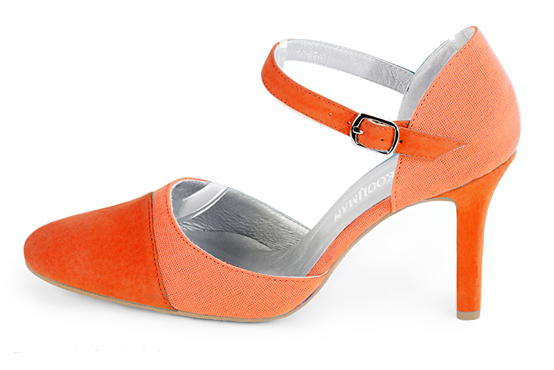 Clementine orange women's open side shoes, with an instep strap. Round toe. Very high slim heel. Profile view - Florence KOOIJMAN